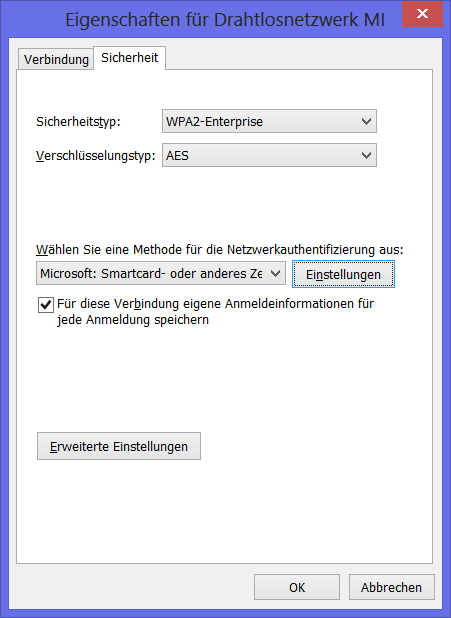 Eigenschaften f&uuml;r Drahtlosnetzwerk MI